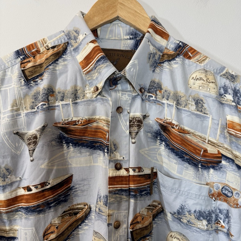 North River Outfitters Wooden Boat Print Shirt Mens XL Nautical Camp Lake Aloha